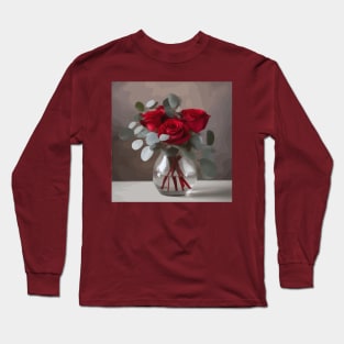 Red Roses and Eucalyptus Leaves in a Glass Vase Long Sleeve T-Shirt